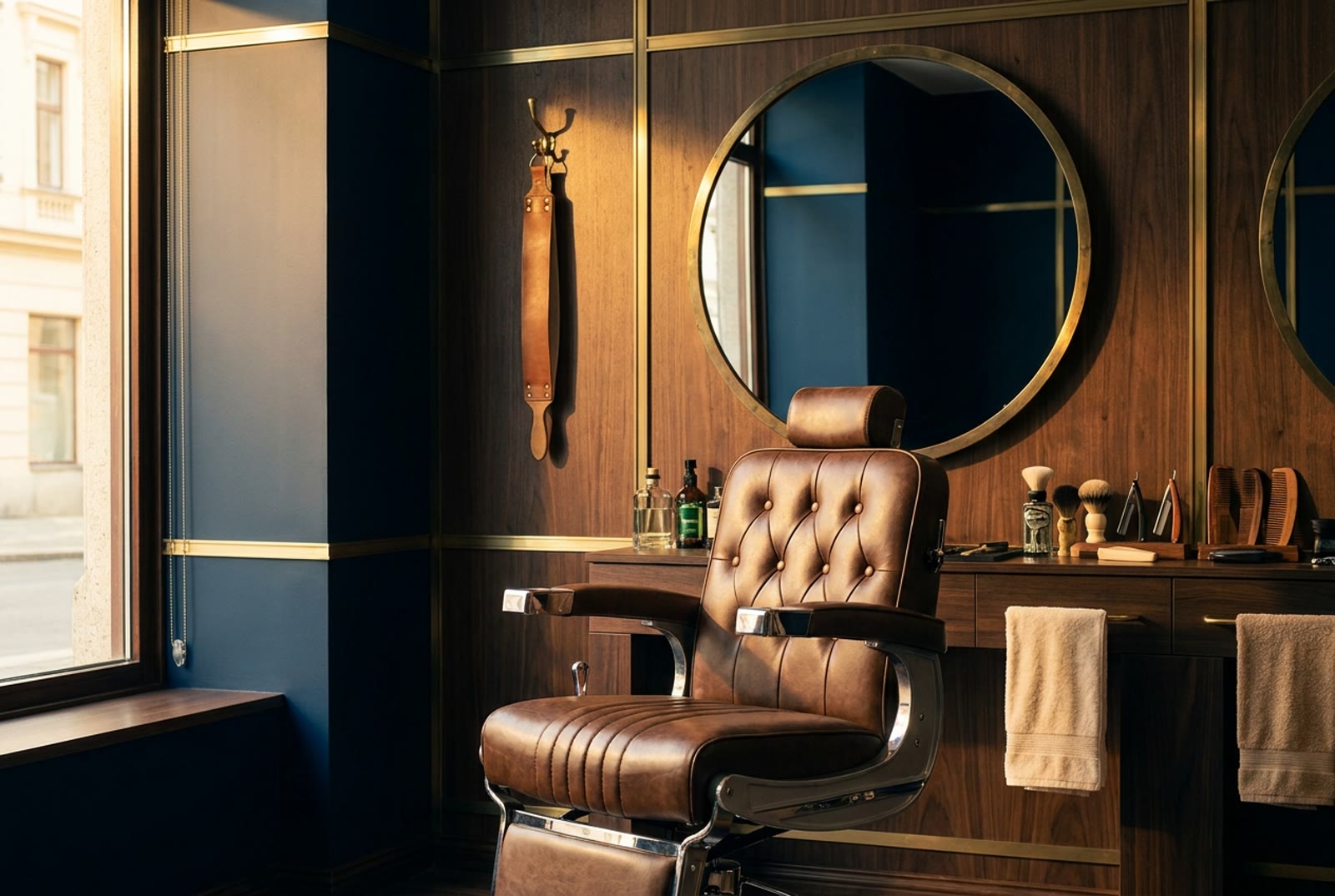 Interior de barbearia premium com cadeira de couro, madeira e detalhes dourados