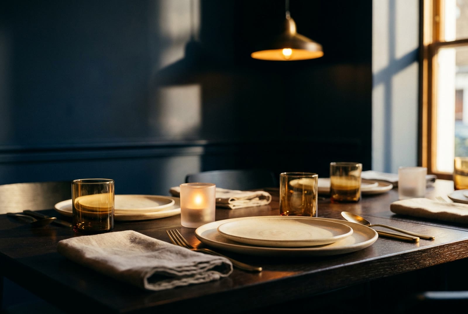Mesa de restaurante sofisticada com luz quente, louça artesanal e taças âmbar